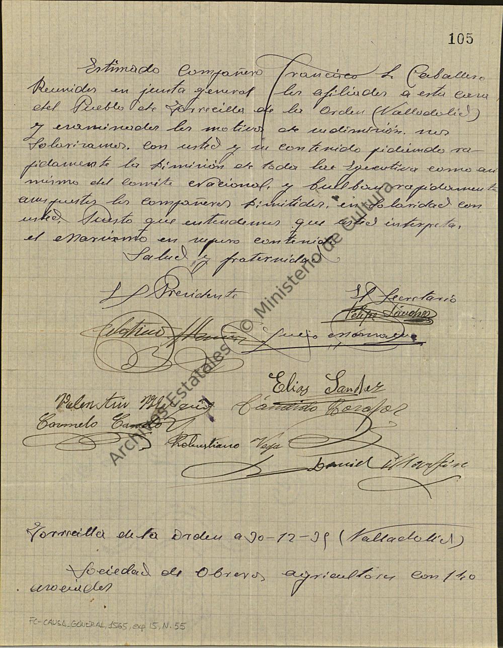 Carta de la Sociedad de Obreros Agricultores de Torrecilla de la Orden a Francisco Largo Caballero